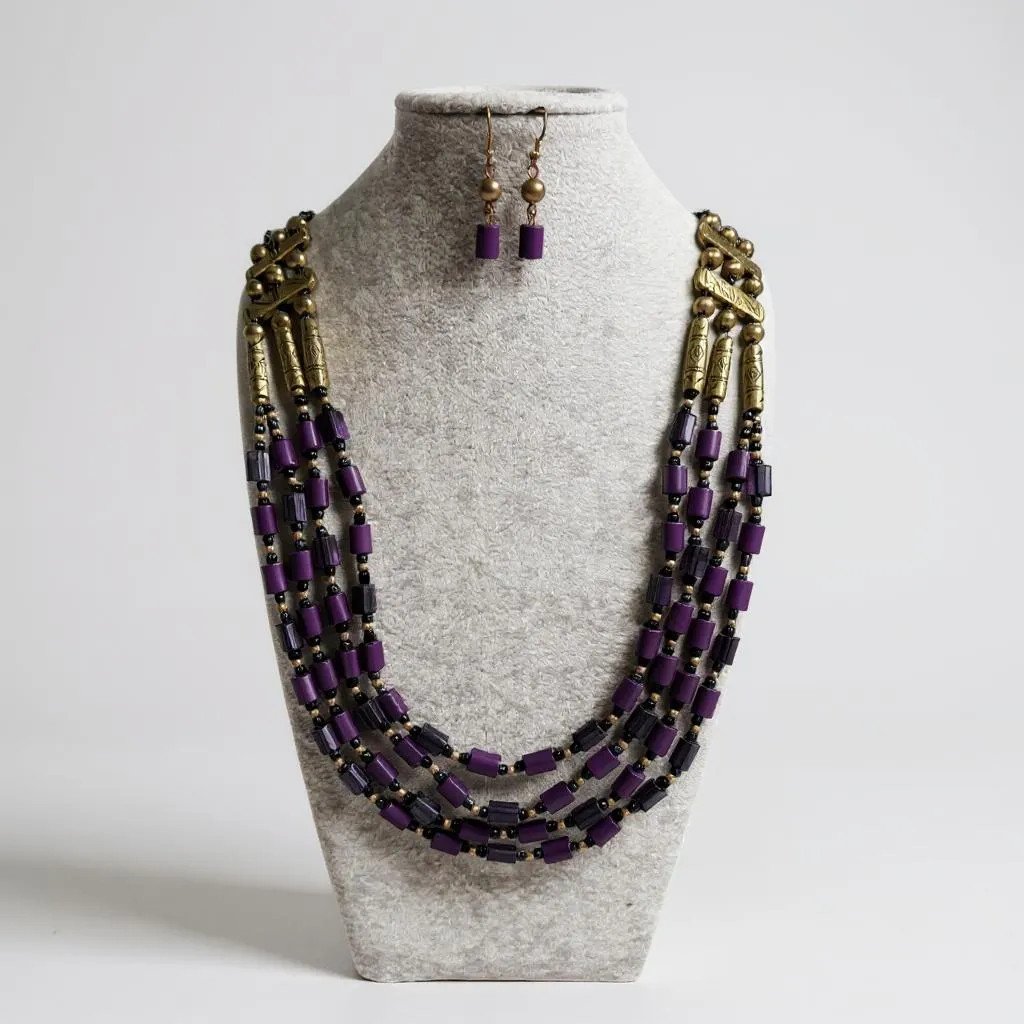 Four Layers Purple, Black And Brass Lucite Bead Long Necklace Earring Set